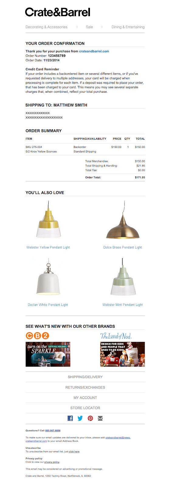 Crate and Barrel order confirmation email with personalized suggestions.