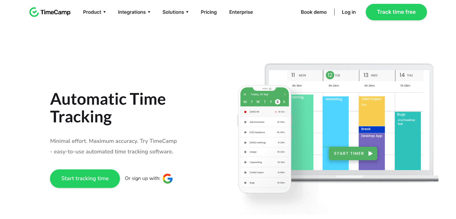 The TimeCamp website shows a weekly calendar that tracks which tasks employees perform each day of the week.