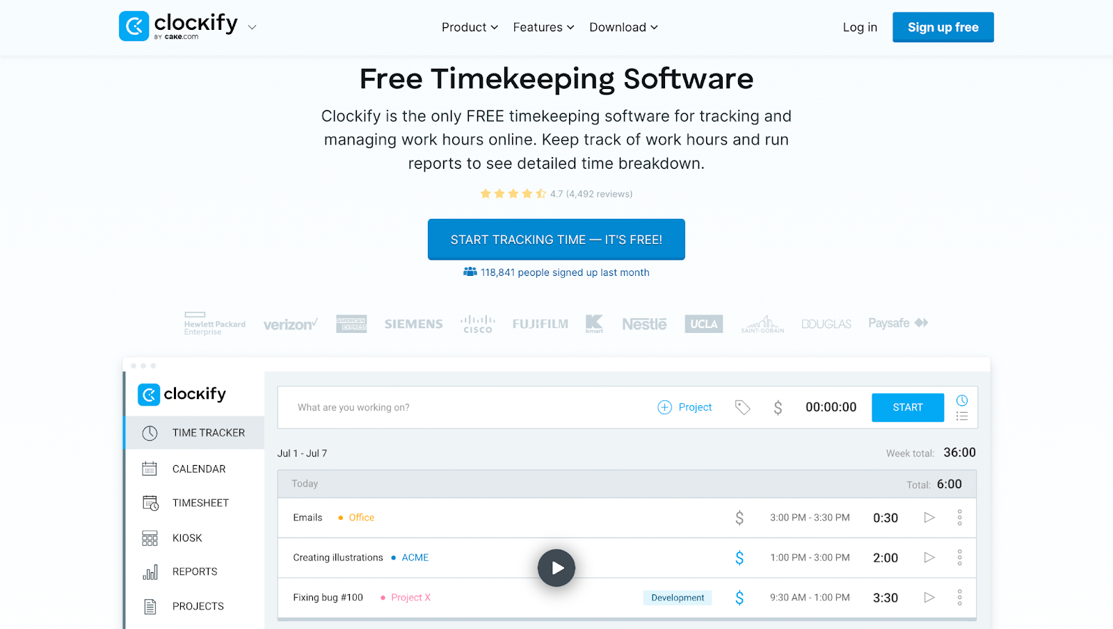 A screenshot of Clockify’s website homepage.