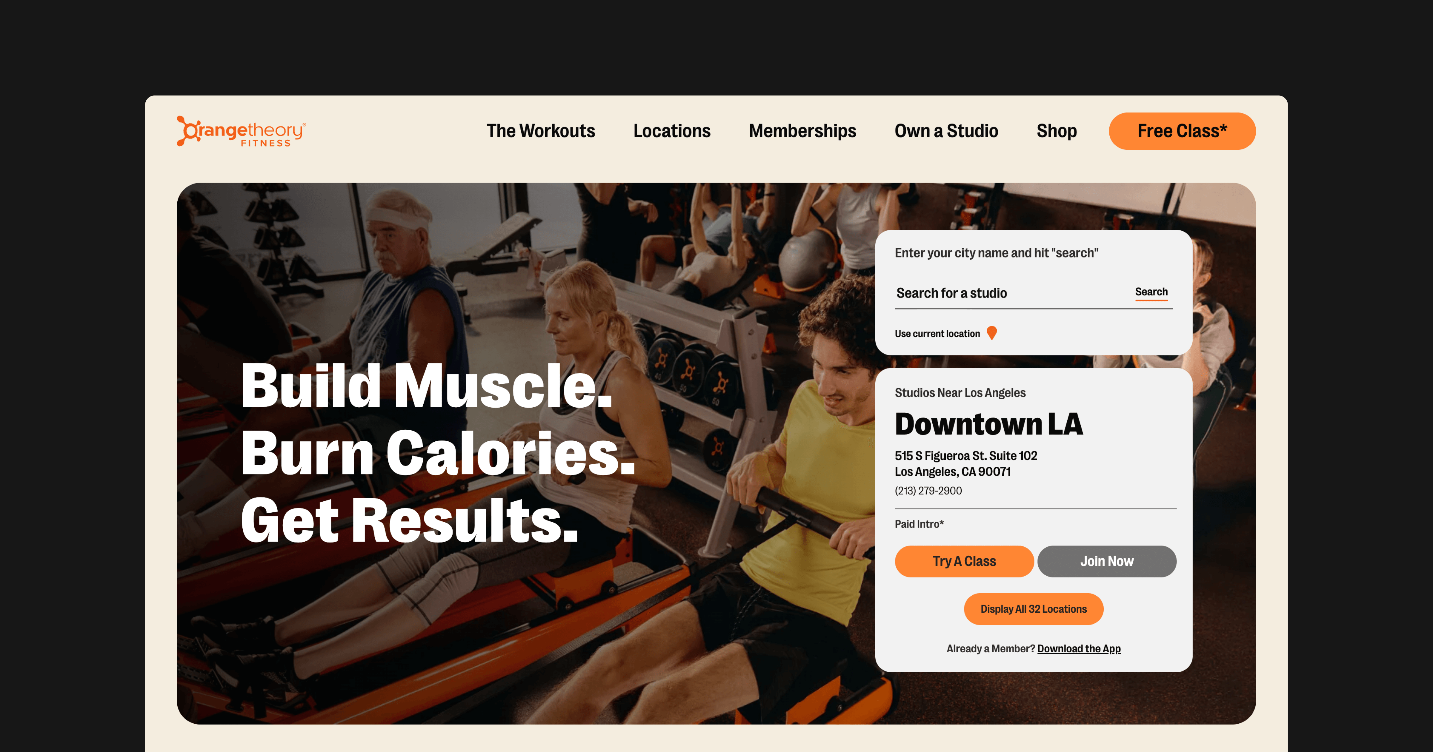 Orangetheory Fitness's website homepage, displaying people working out on a rower machine with the headline text "Build Muscle. Burn Calories. Get Results."