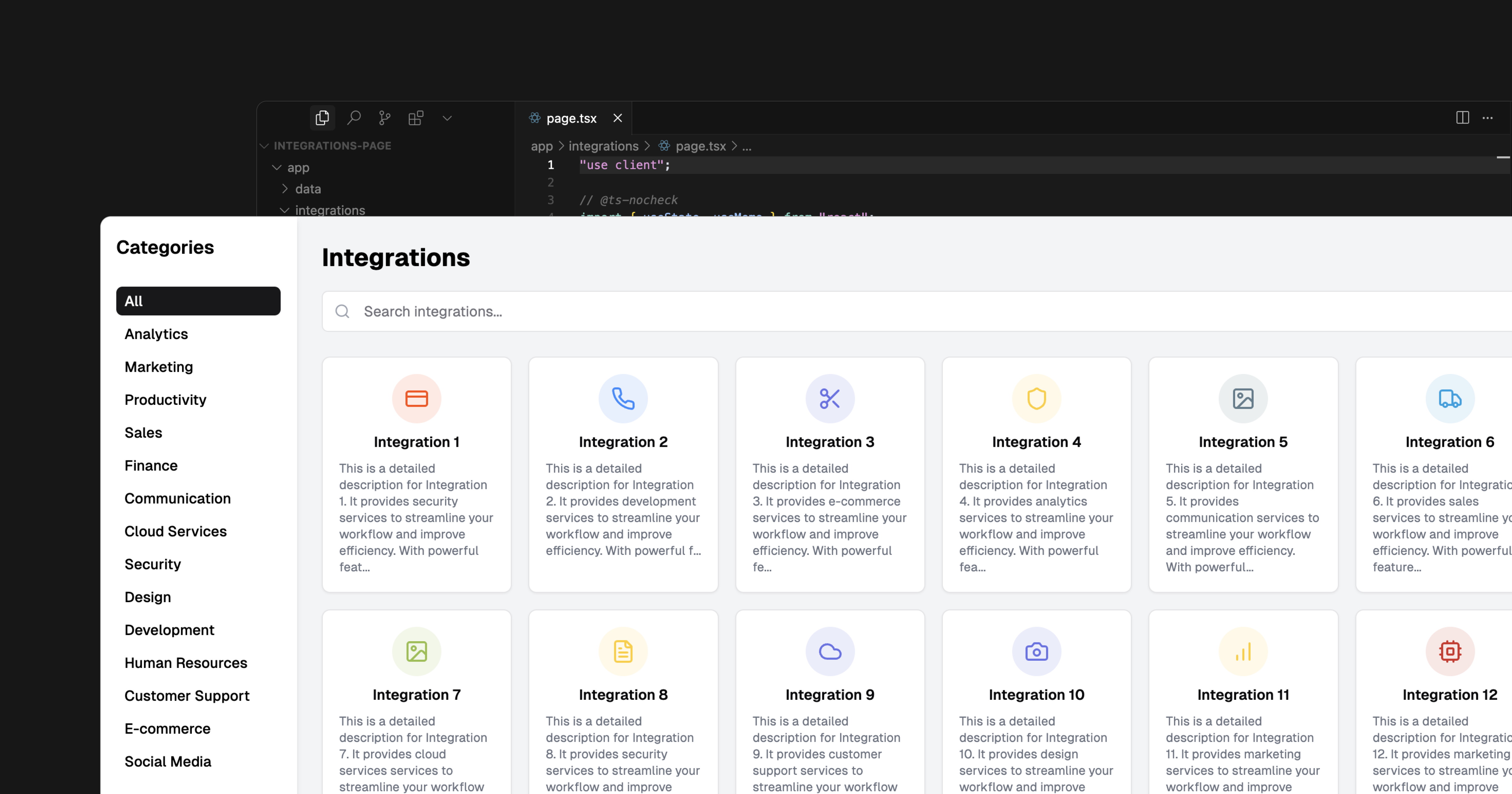 An integrations library web page displaying blocks of different integration organized by category.
