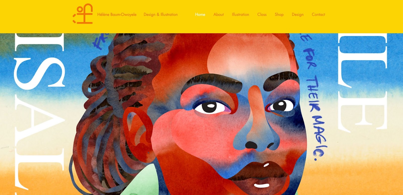 Screenshot of Helene's website. Top of images shows yellow menu with orange text, Main image is a colorful self-portrait illustration.