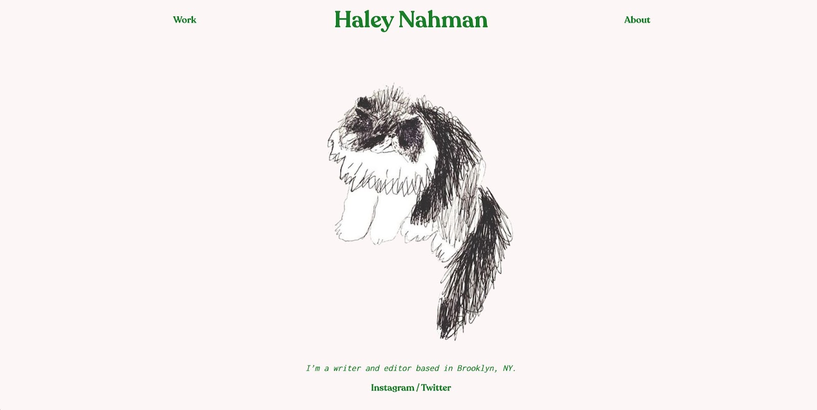 Light peachy beige background. Green text on top "Haley Nahman" with line drawing of a long-haired cat in the center, followed by "I'm a writer and editor based in Brooklyn, NY" and links to Instagram and Twitter.