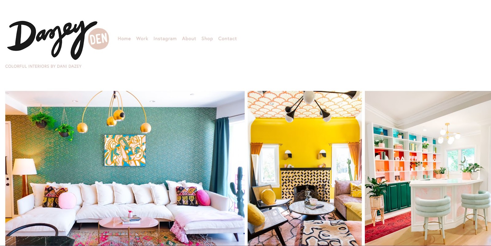 Dazey Den website. White background. Danzey Den logo in top left corner, next to top menu nav bar. Majority of image shows three photos of colorful interior design.