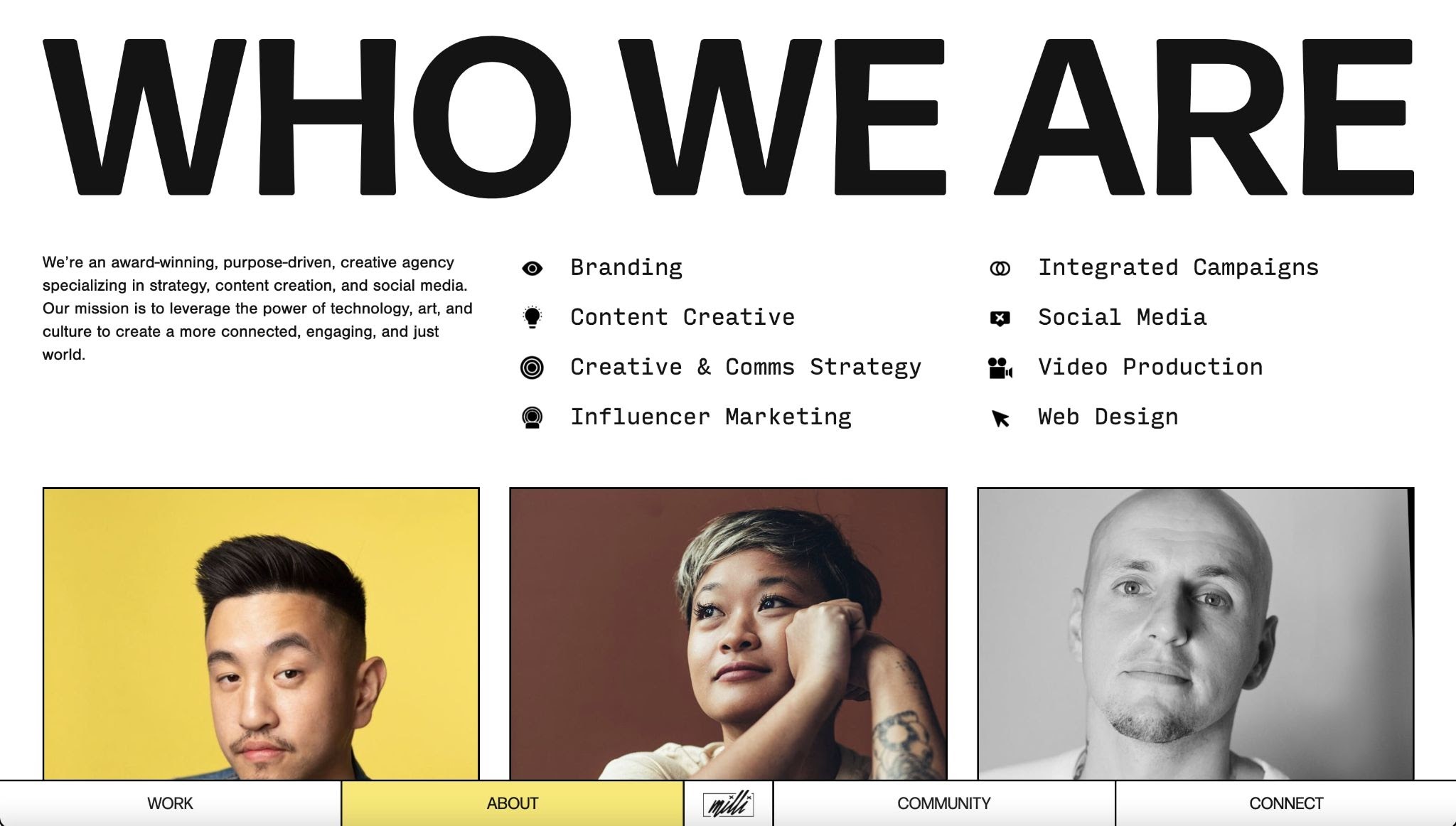 An image of the Who We Are section on the Milli Agency website.