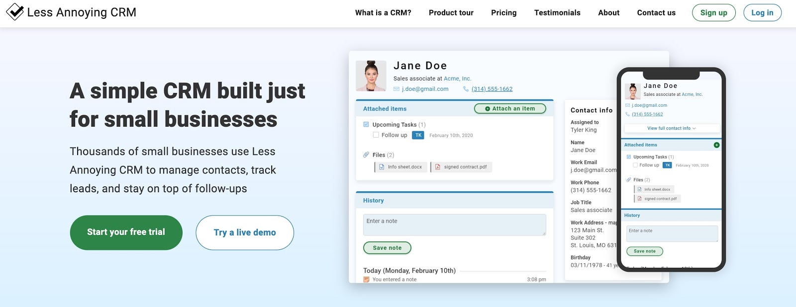 Screenshot from https://www.lessannoyingcrm.com/ home page