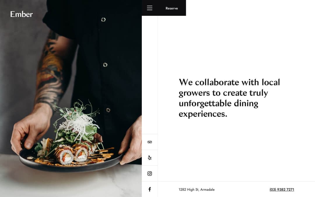 ember restaurant webflow template homepage. Person in a black shirt holding a black plate of sushi with a green garnish. The word “Ember” is written in small white text at the top left of the screen