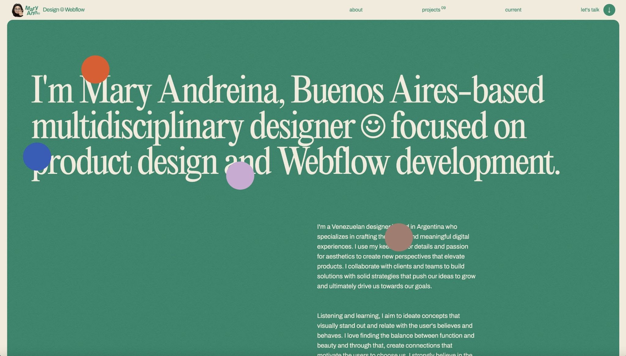 An image of Mary Andreina's portfolio home page.