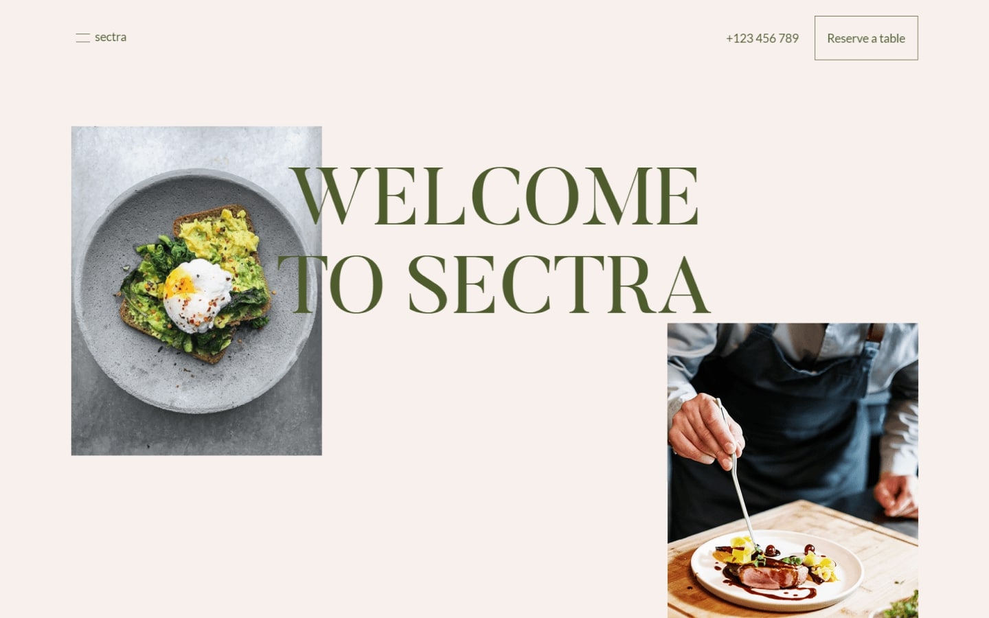 Sectra restaurant homepage. “Welcome to Sectra” appears in olive-green capital letters in the center overtop a photo of avocado toast with a poached egg. Another image features a chef adding the finishing touches to a plate of cooked meat with fruit.
