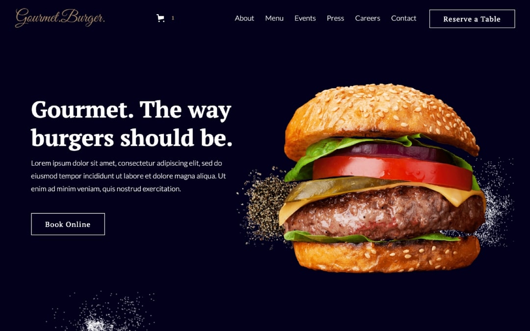 gourmet burger webflow template. background is black, with white text on the left of the screen saying “Gourmet. The way burgers should be.” On the right-hand side is a large image of a hamburger with a beef patty, cheese, pickles, tomato, onion, and lettuce on a sesame seed bun.