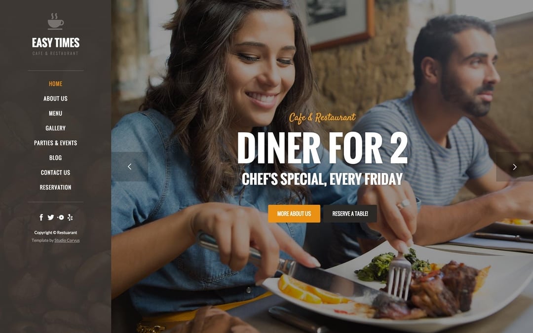 Easy Times restaurant template. To the left of the screen is a vertical menu. The rest of the page has a background image of two people eating and text about the restaurant.