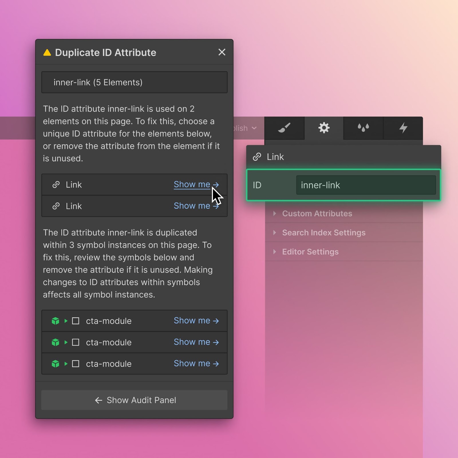 An image showcasing how to use the Duplicate ID Attribute feature in Webflow.