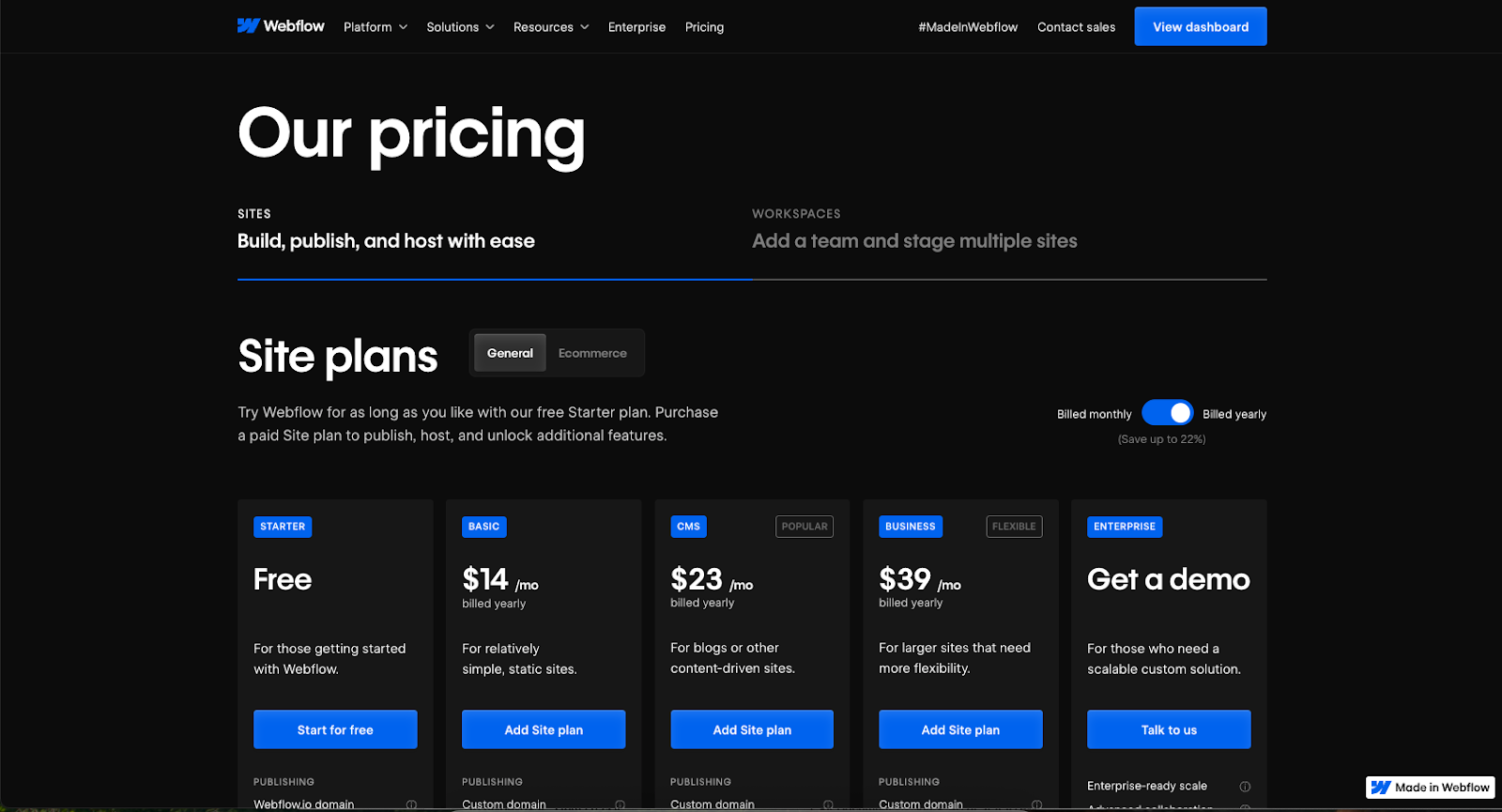 the webflow pricing page featuring five pricing columns and corresponding ctas to buy or sign up