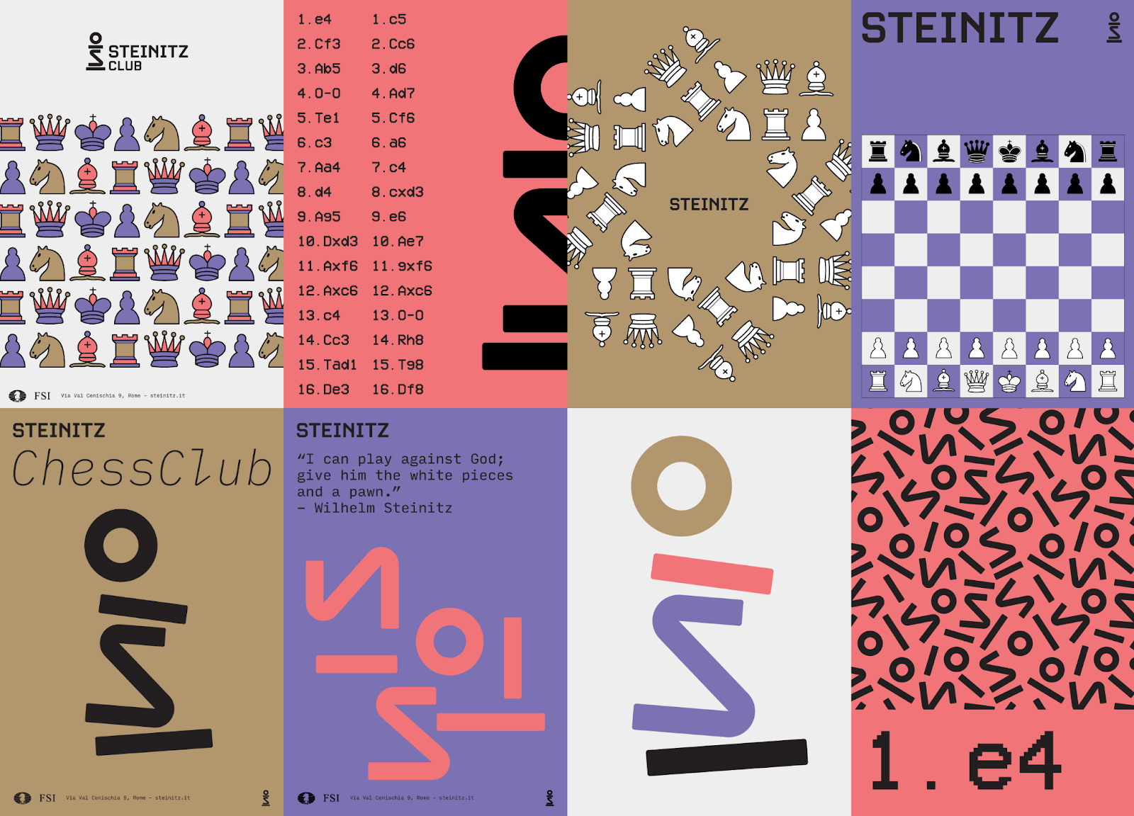 A collection of Steinitz Chess Club’s branding by Davide Mascioli, showing eight pictures with the logo and a brown, purple, and salmon pink color palette.