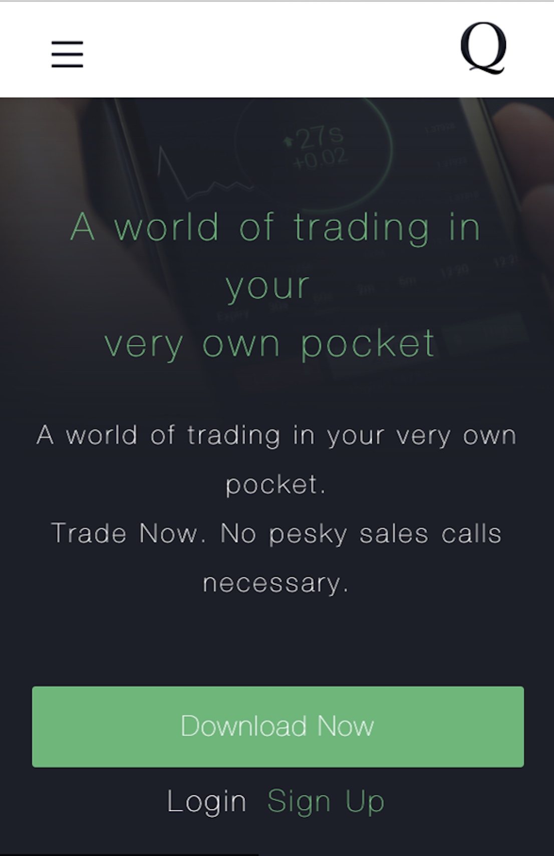 A mobile screenshot of a page on quickoption.com displaying a bright green ‘Download Now’ button