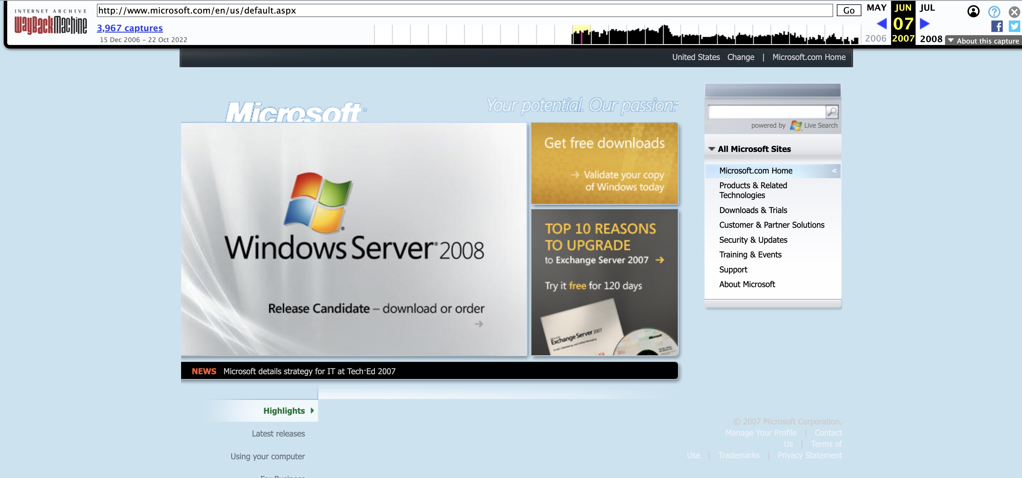 A screenshot of Microsoft’s desktop website from 2007, with light blue background font, a large image advertising Window’s Server 2008, and a navigation box on the right side.