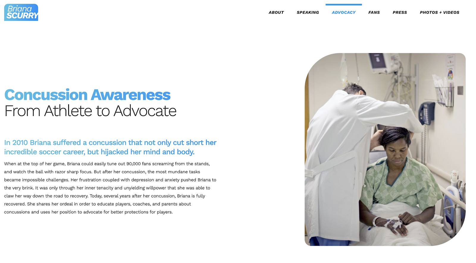 Hero section of the advocacy section of Briana Scurry's website, about concussion awareness.