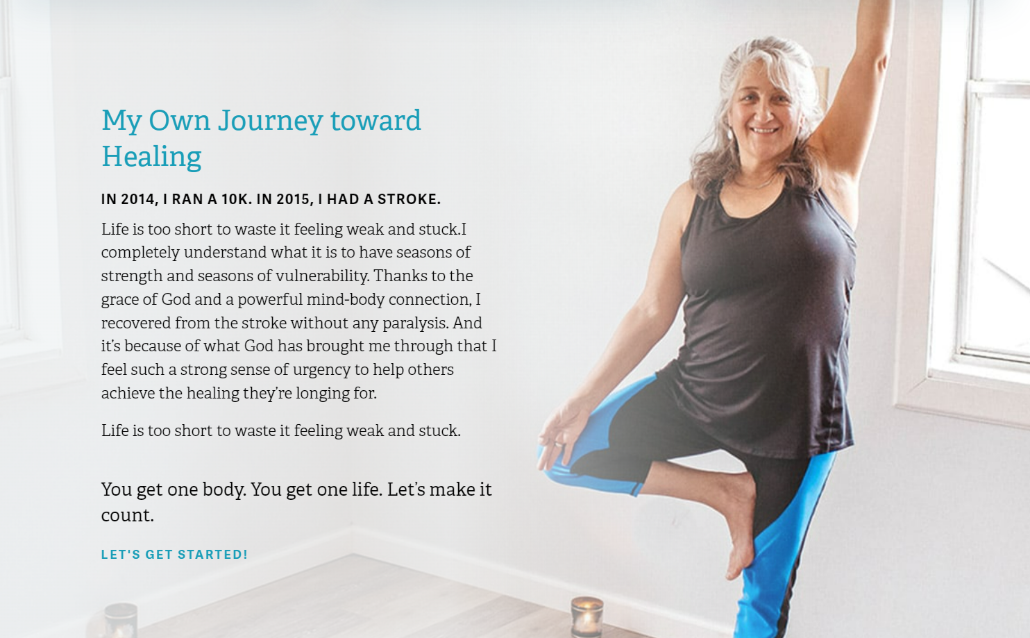 Simchah Huizar’s “About” section, which is titled “My Own Journey Toward Healing,” shows a photo of Simchah smiling while in tree pose with text describing her recovery from a stroke through yoga.
