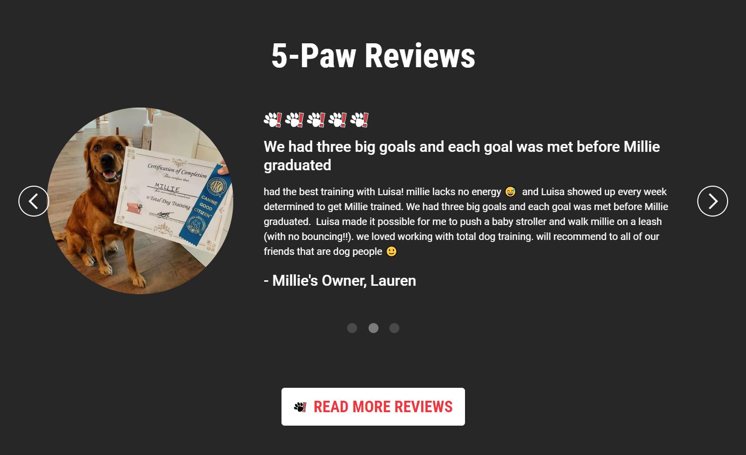 Testimonials section of Total Dog! website showing a 5-paw review from Millie’s owner, Lauren, and a photo of Millie with her certificate.