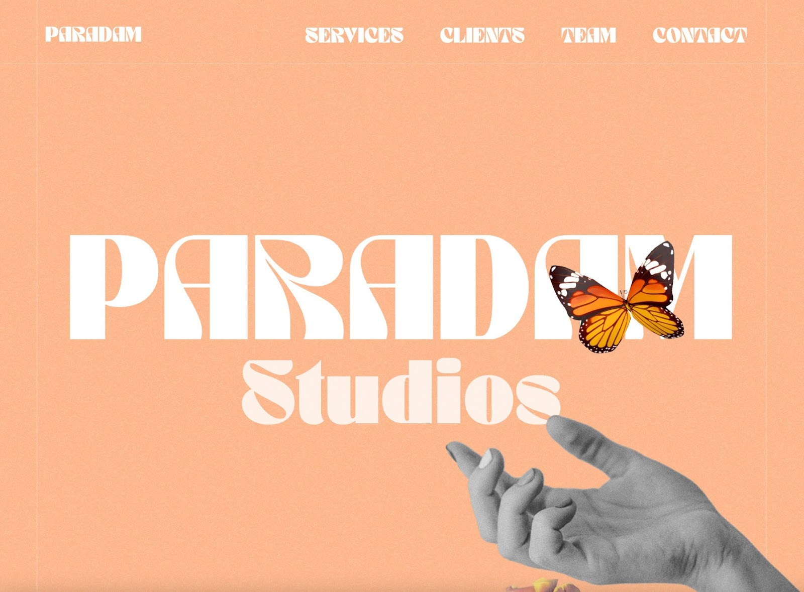 Paradam Studios homepage. Peach background. Top menu bar: SERVICES, CLIENTS, TEAM, CONTACT. In center, oversized text "PARADAM STUDIOS" with an orange butterfly flying over the "A" and a black and white hand, palm up, under "studios"