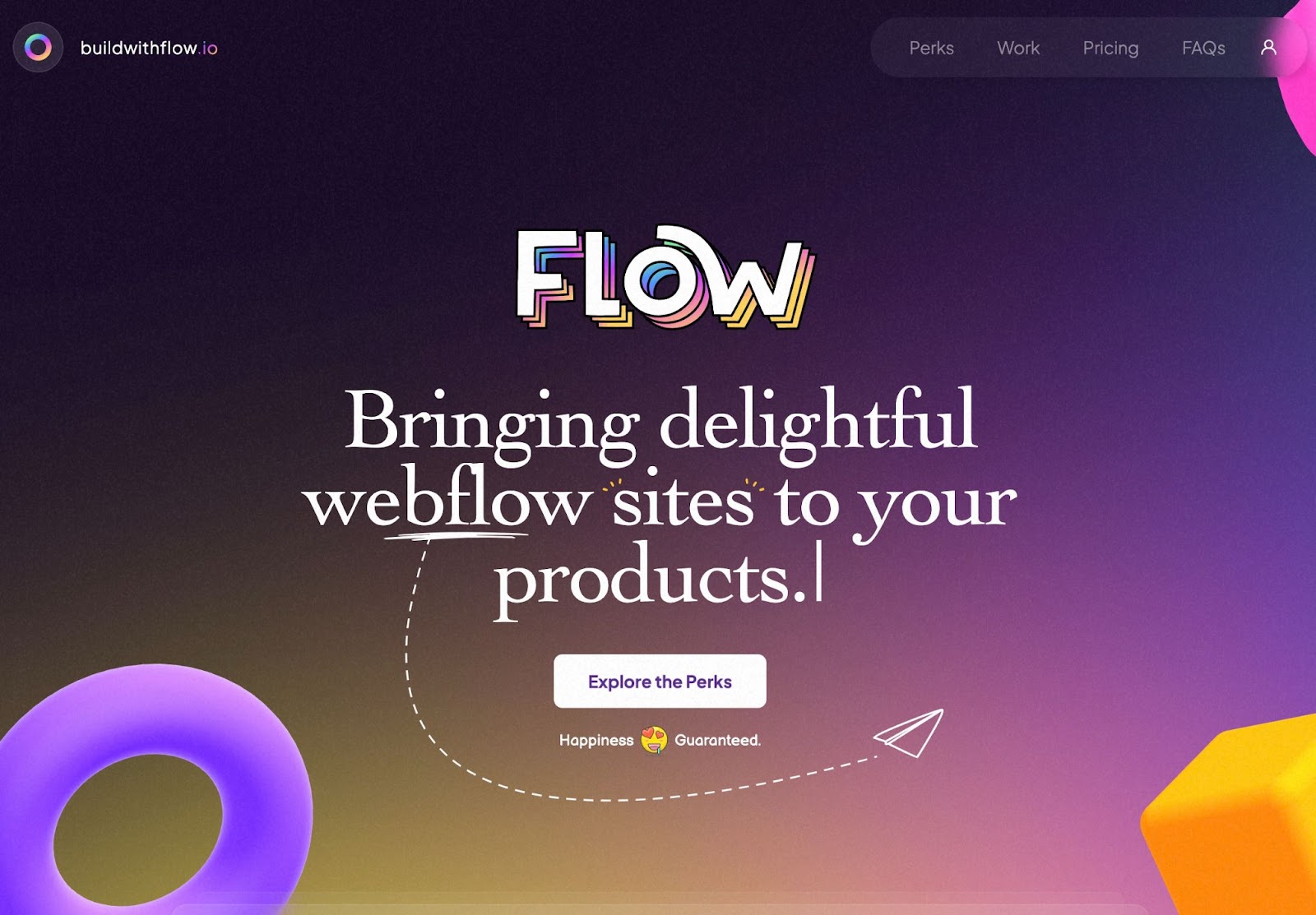 Dark to medium purple gradient background. Large text "Flow" with rainbow drop shadow followed by plain white text "Bringing delightful Webflow sites to your products"