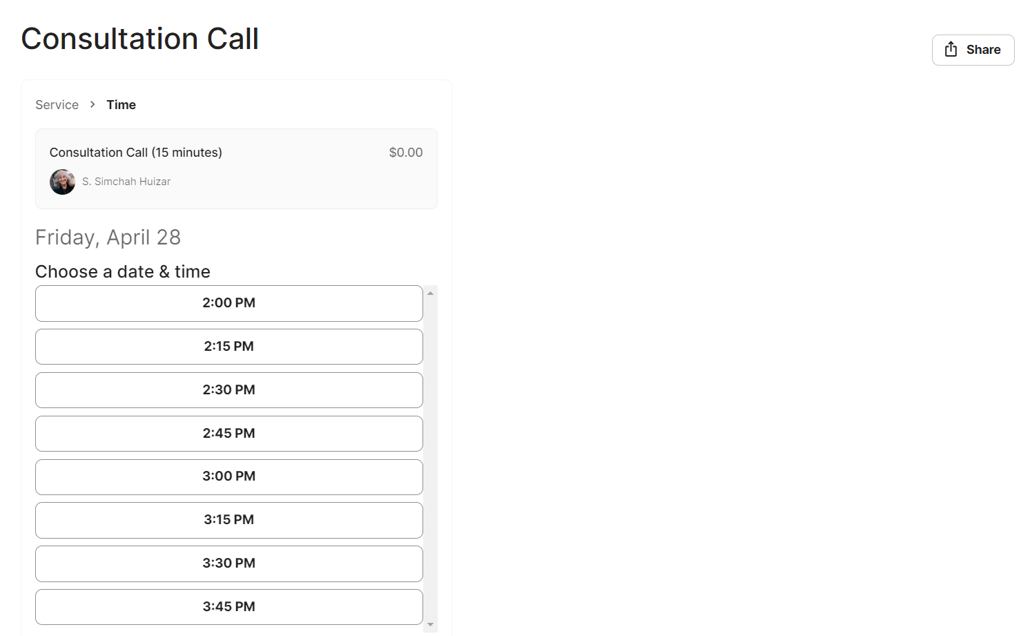 Online booking system for free consultations with Simchah Huizar showing date and time options.