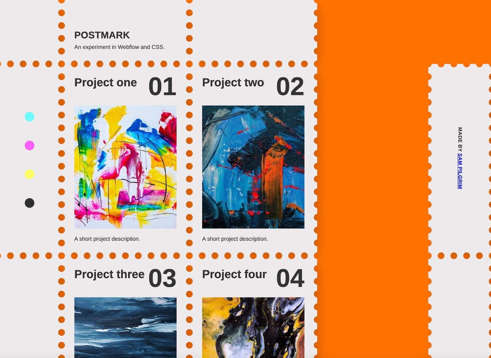 Left side of image, white background. Images in a grid that looks like postage stamps — orange dots mimic stamp tear-away edges. On Right, orange background.