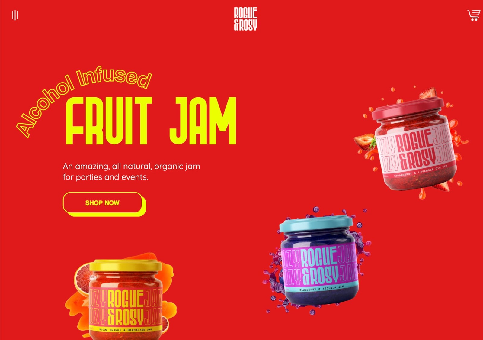 Rogue and Rost homepage. Red background. On left, large yellow text "Alcohol infused fruit jam" with yellow "Shop now" button with drop shadow. On right and bottom, various jam jars with fruit splashing out from behind the jars.