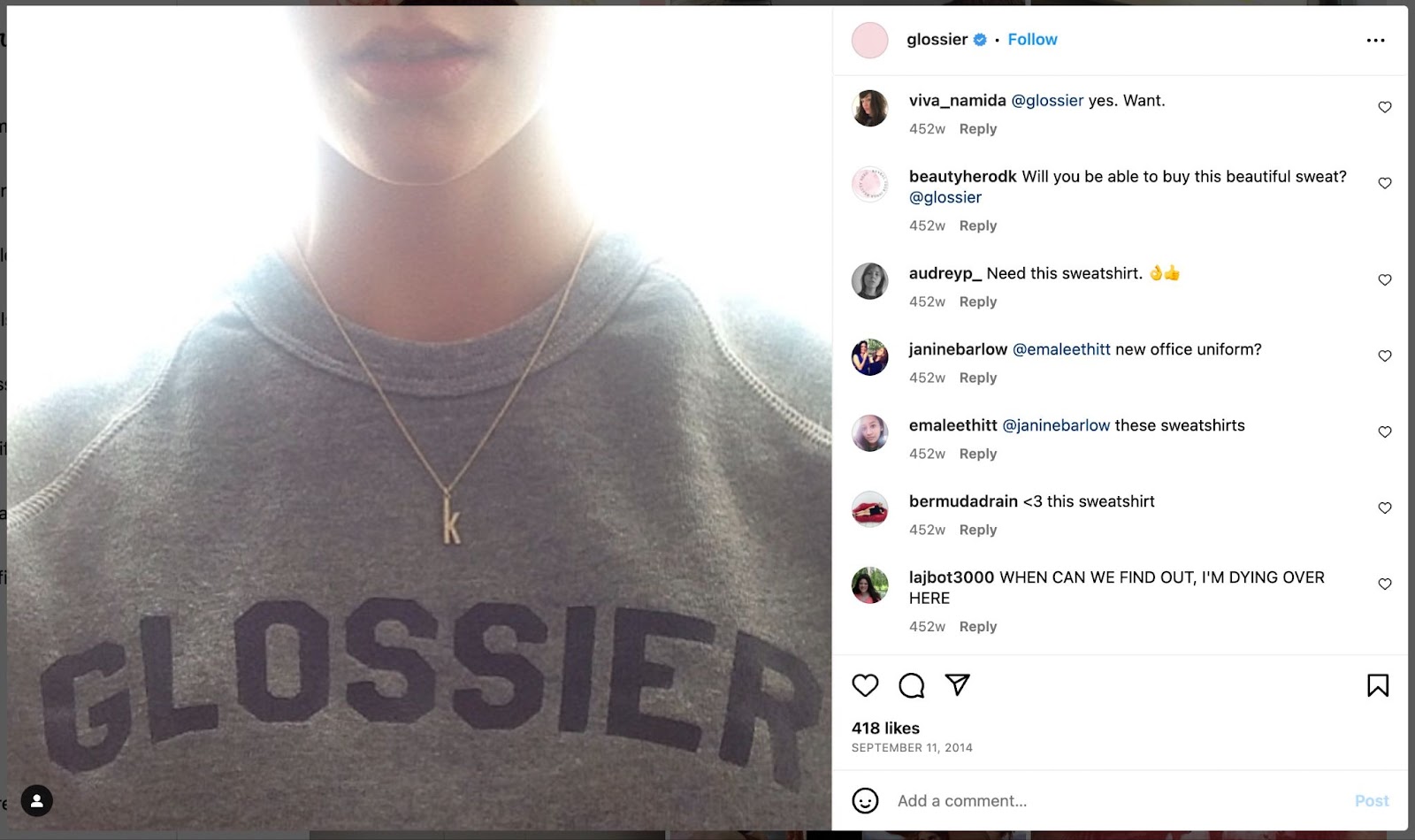An Instagram post from the Glossier account featuring a woman wearing a sweatshirt that says Glossier.
