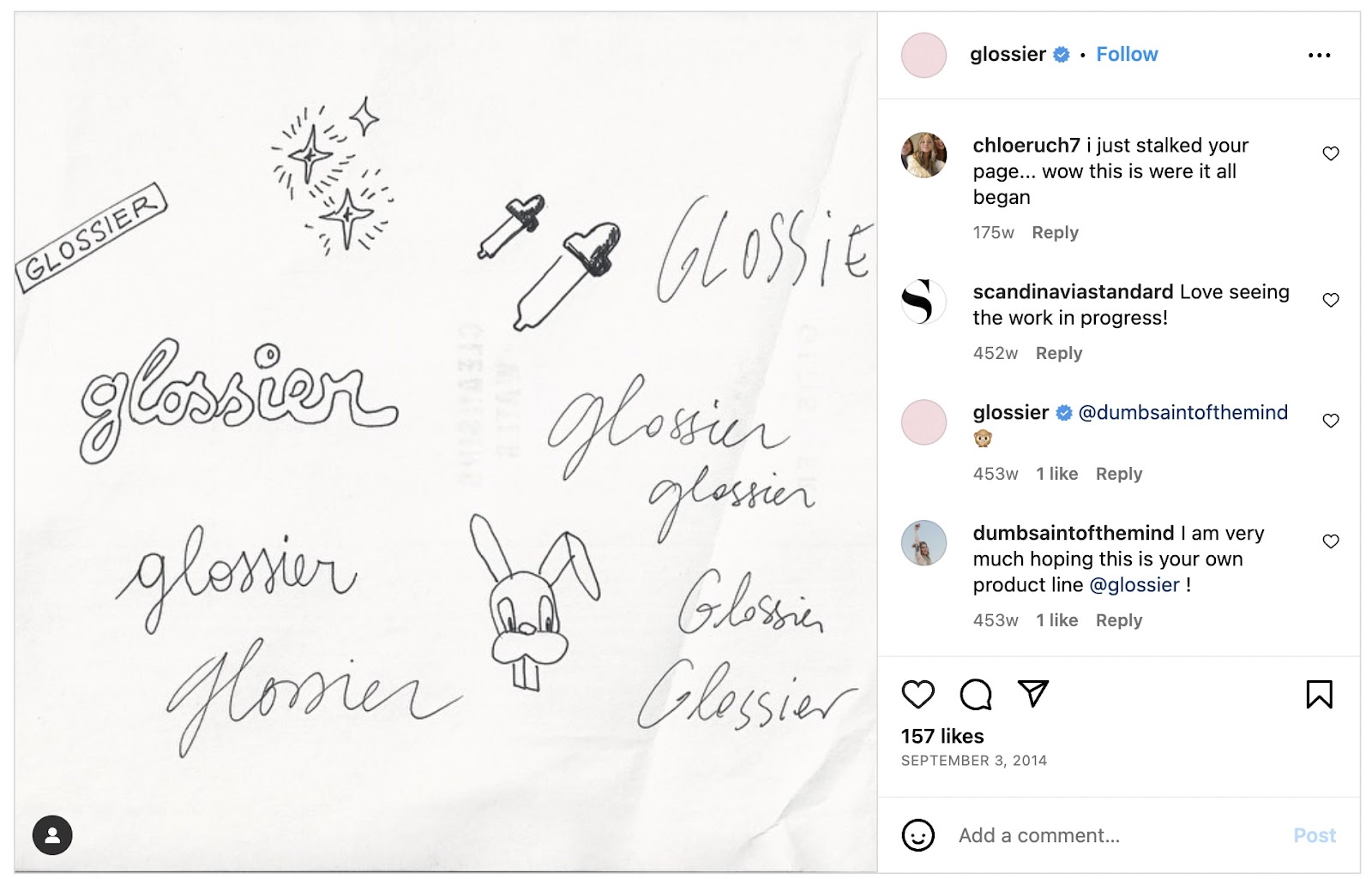 An image on the Glossier instagram account featuring the sketches Emily made of the brand logo in 2014.