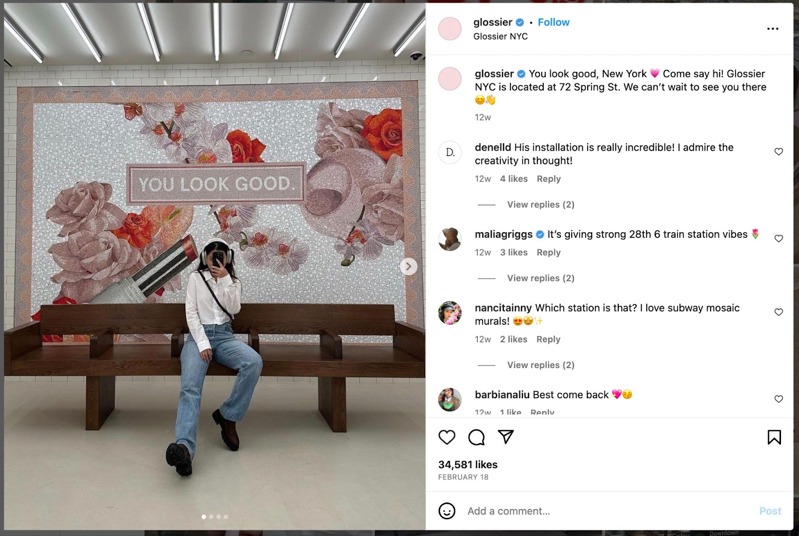 An image of an instagram post from Glossier's Instagram . It features a picture of a woman taking a selfie at the SoHo store.