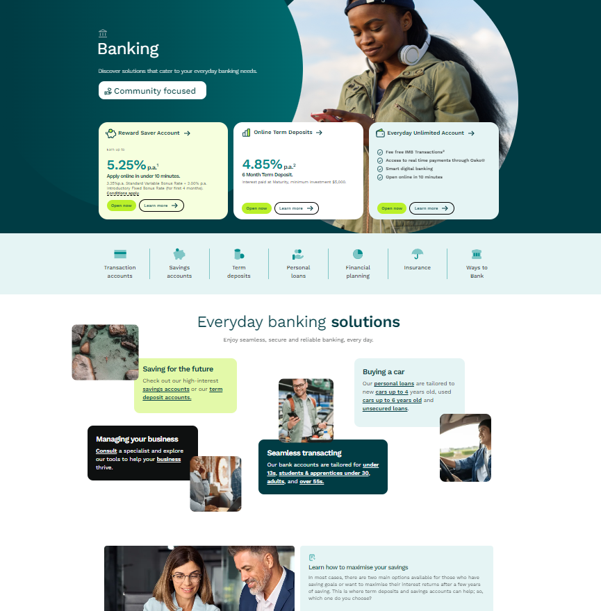 [Alt text: This page about IMB Bank’s banking features organizes its content into neat rows. The most important information is on the left side, such as “Reward Saver Account,” “Saving for the Future,” and “Managing your business.”]