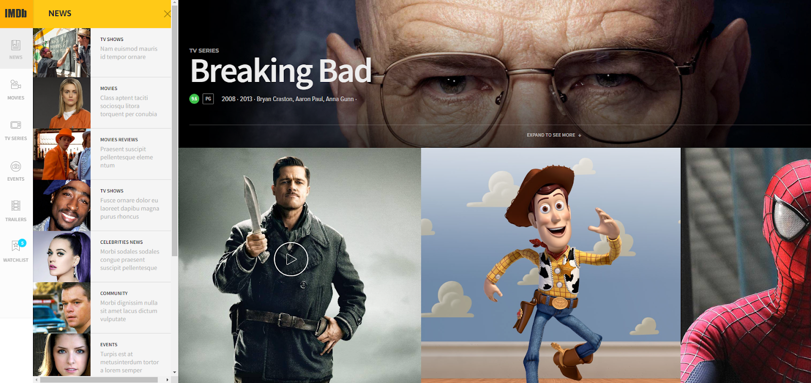 [Alt text: This reimagined prototype for the IMDb website uses an image gallery and a vertical navigation menu.]