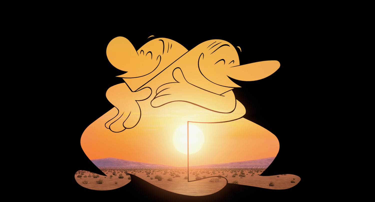 Black background with two orange cartoon figures hugging and smiling. The two bodies start as solid orange at the heads. Orange gradually turns into a sunset with the sun at the center of the two bodies, bottom third of cartoon bodies contains purple mountains in a dusty landscape with small green bushes.
