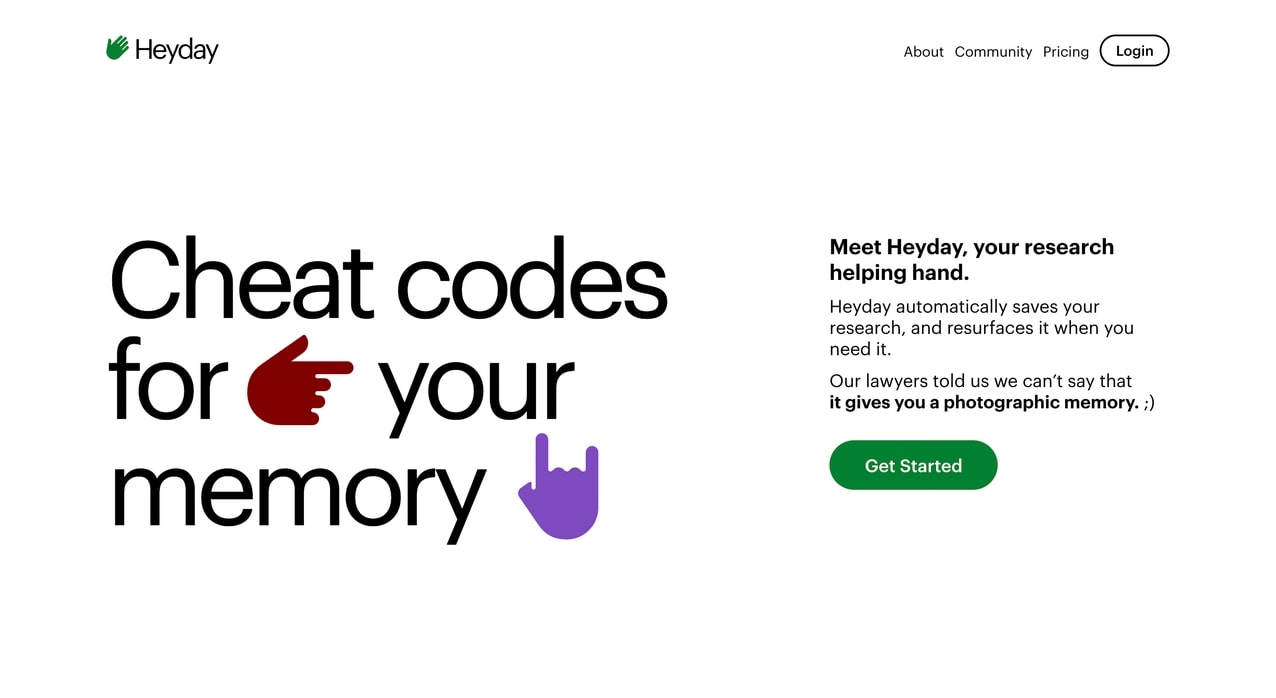 HeyDay website. White background with black text: "Cheat codes for your memory." Colorful hand emojis used throughout text.r
