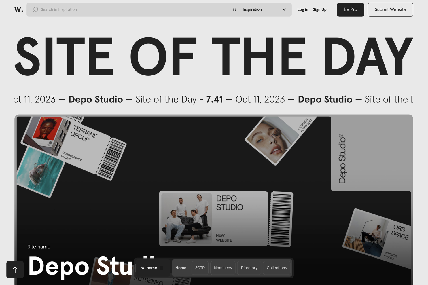 Awwwards homepage showing a site of the day.