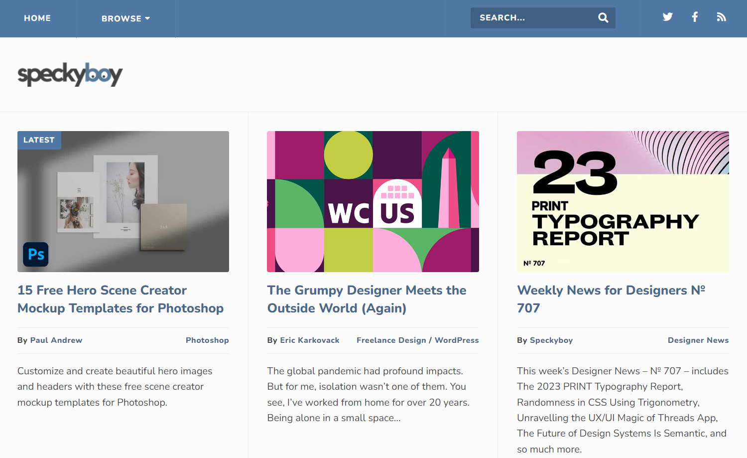 Speckyboy homepage showing three featured articles.