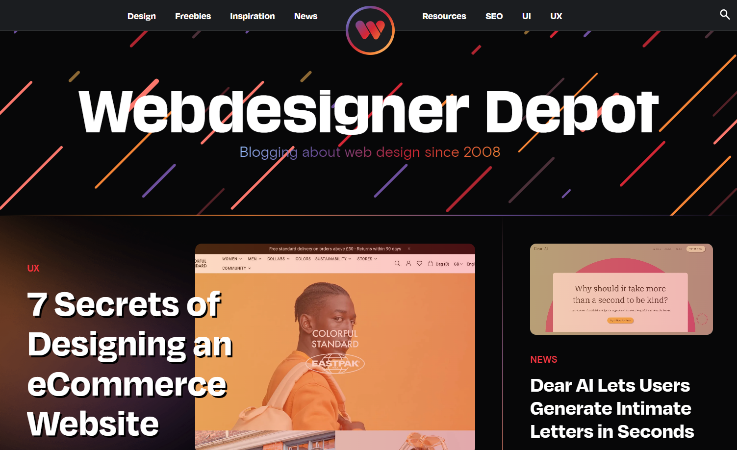 Webdesigner Depot homepage showing a feature article titled “7 secrets of designing an ecommerce website.”