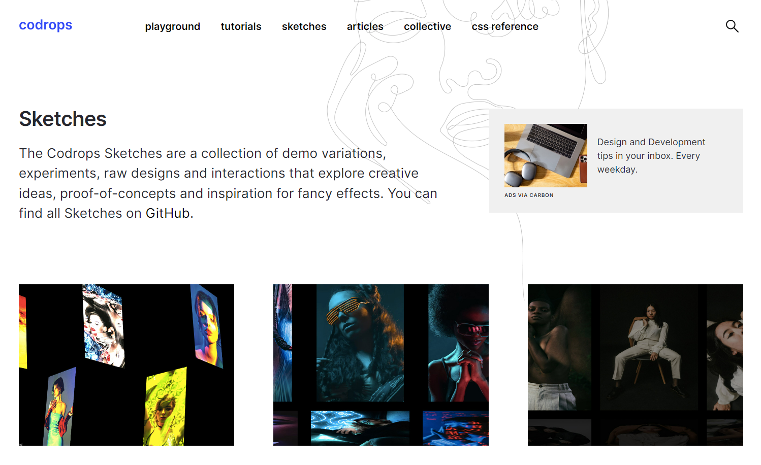 Codrops Sketches page showing innovative design experiments.
