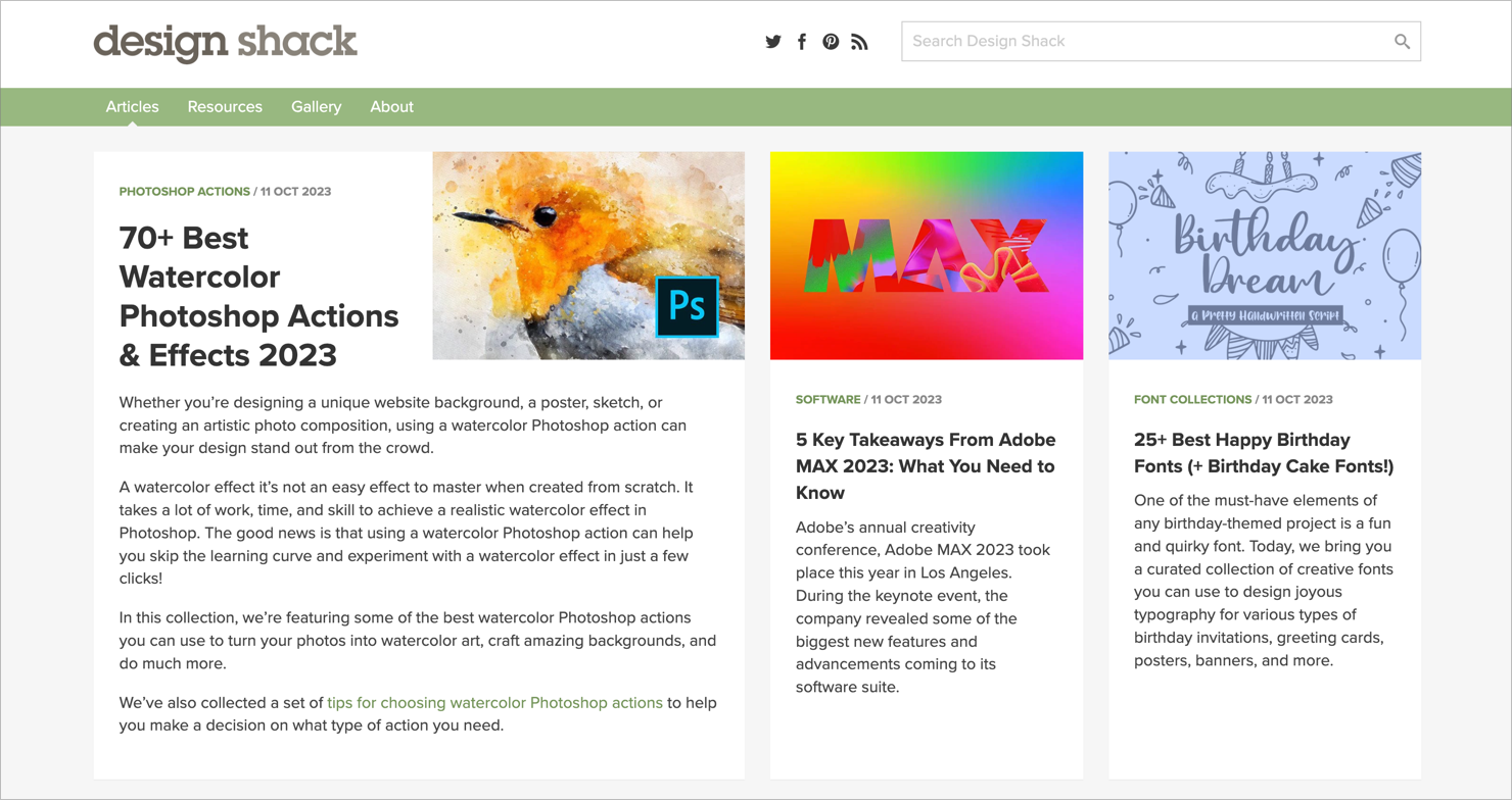 Design Shack homepage showing posts on Photoshop Actions and Effects.