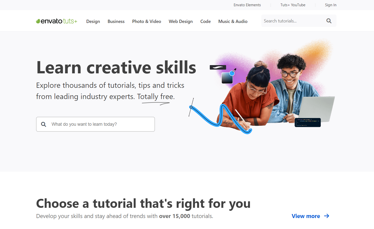 Envato Tuts+ homepage showing an image of people designing and a search bar containing the text “What do you want to learn today?”