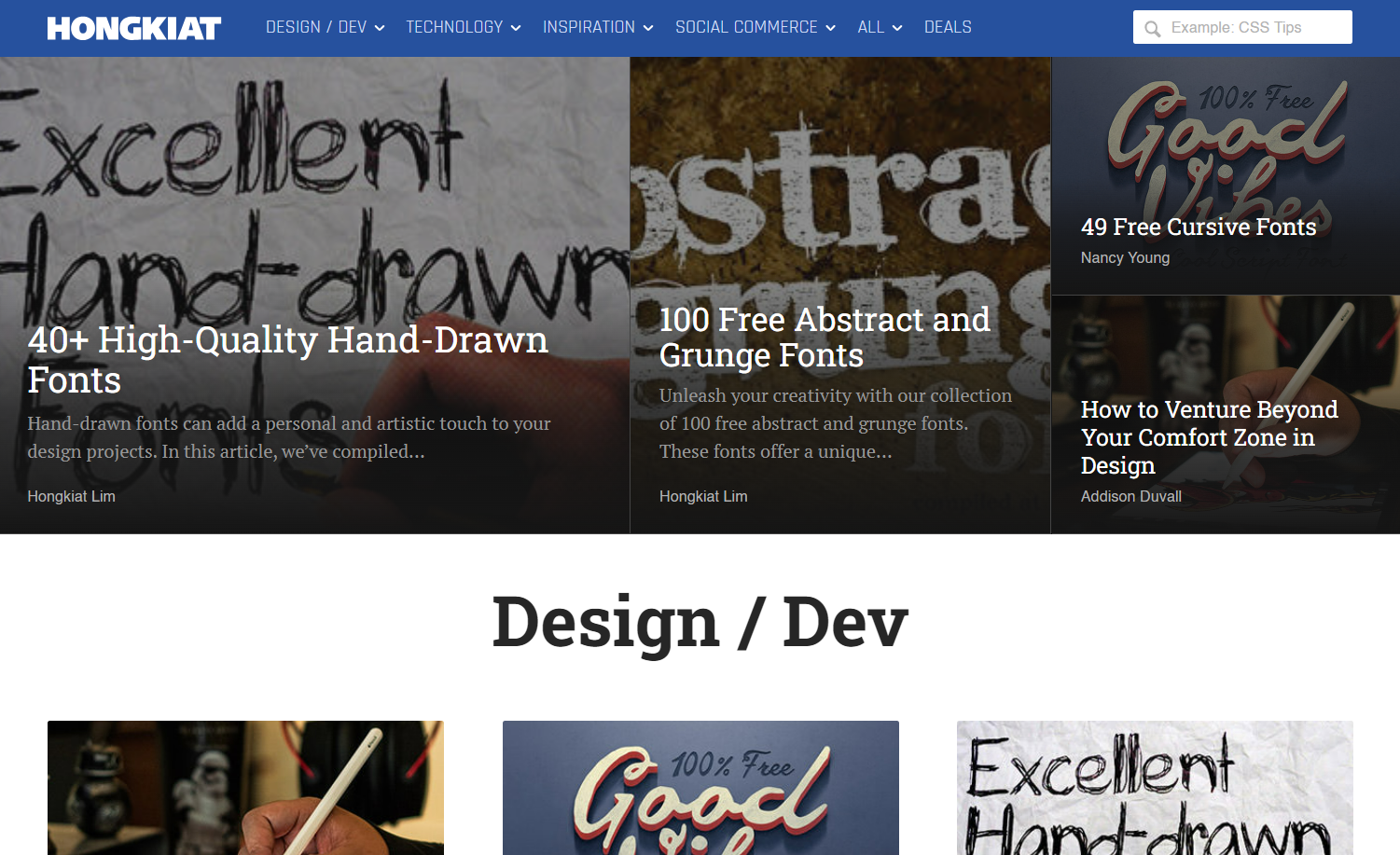 Hongkiat homepage showing four featured articles, three of which are about fonts.
