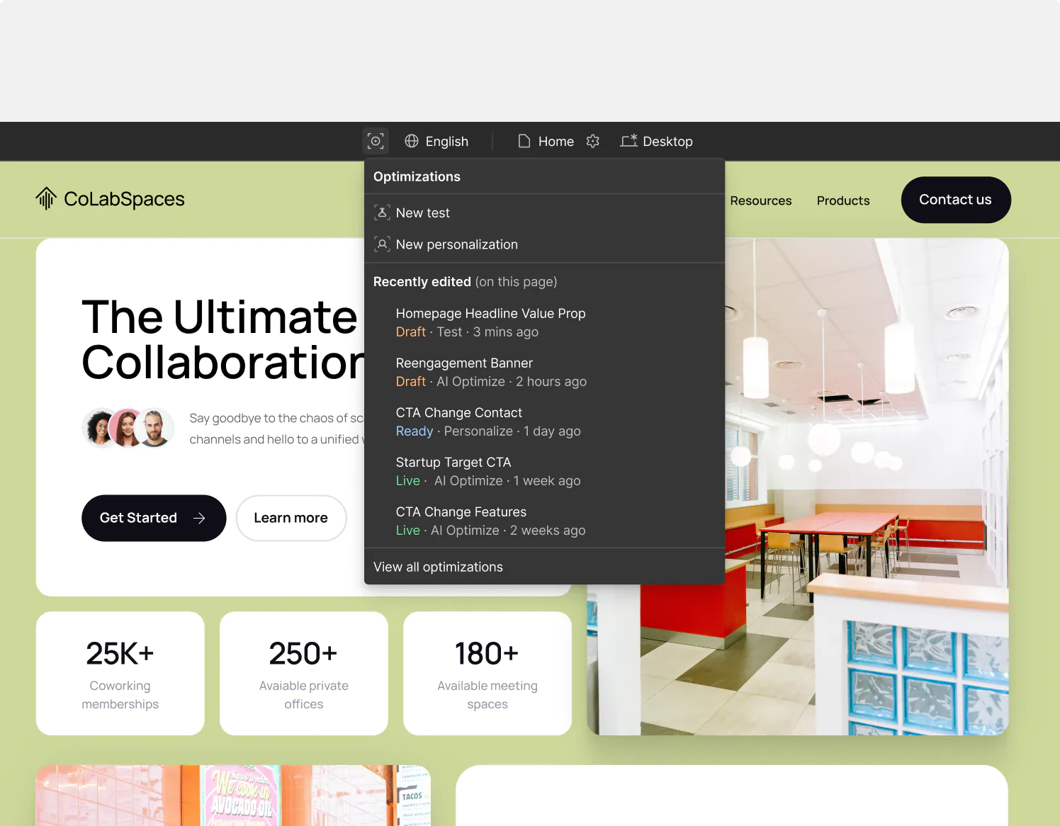 A screenshot of Webflow Optimize showing a dropdown menu of optimization experiments for a website called "CoLabSpaces." The menu displays various tests including "Homepage Headline Value Prop," "Reengagement Banner," and several CTA changes with their statuses (Draft, Ready, Live) and timestamps. The background shows a coworking space landing page with statistics about available spaces.