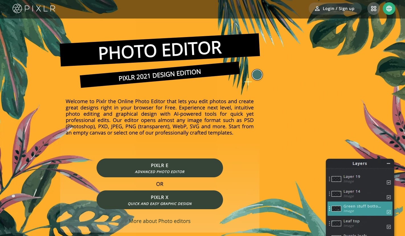 An image of the Pixlr photo editor website.