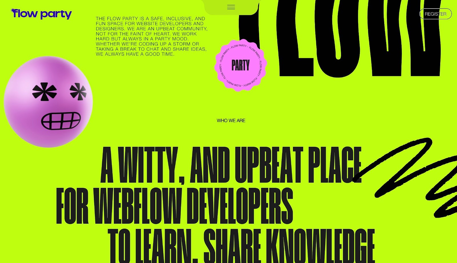 An image of the Flow Part site. The header reads "A witty and upbeat place for webflow developers" in black font on a neon green background.c