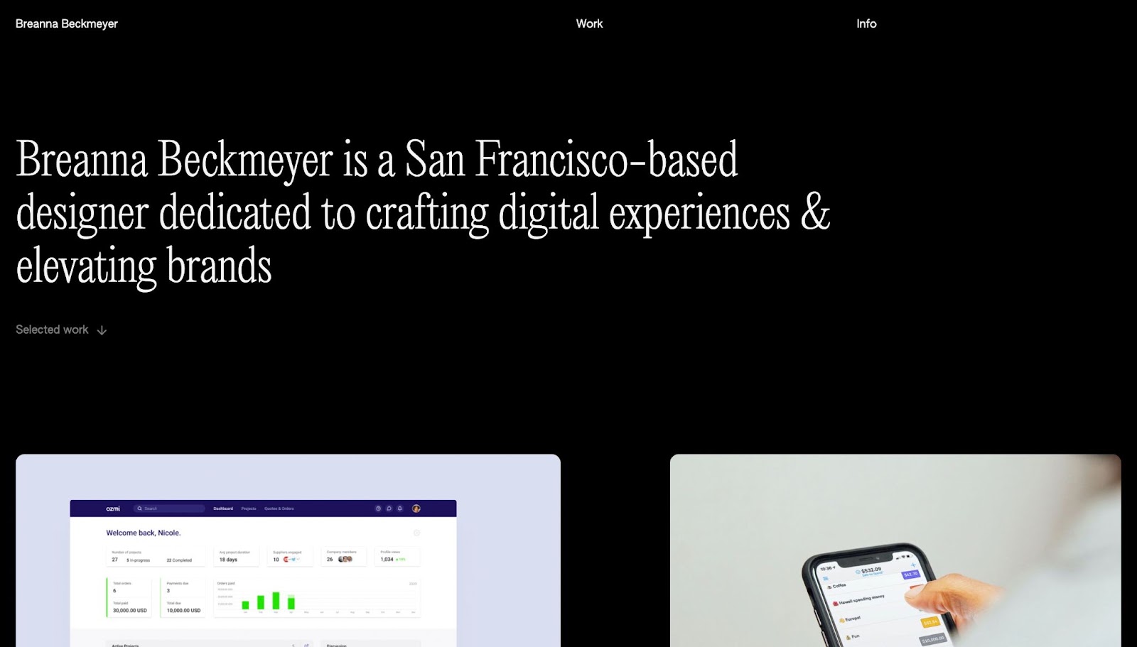Breanna Beckmeyer's portfolio website. The header reads "Breanna Beckmeyer is a San Francisco-based designer dedicated to crafting digital experiences & elevating brands" in white font on a black background.