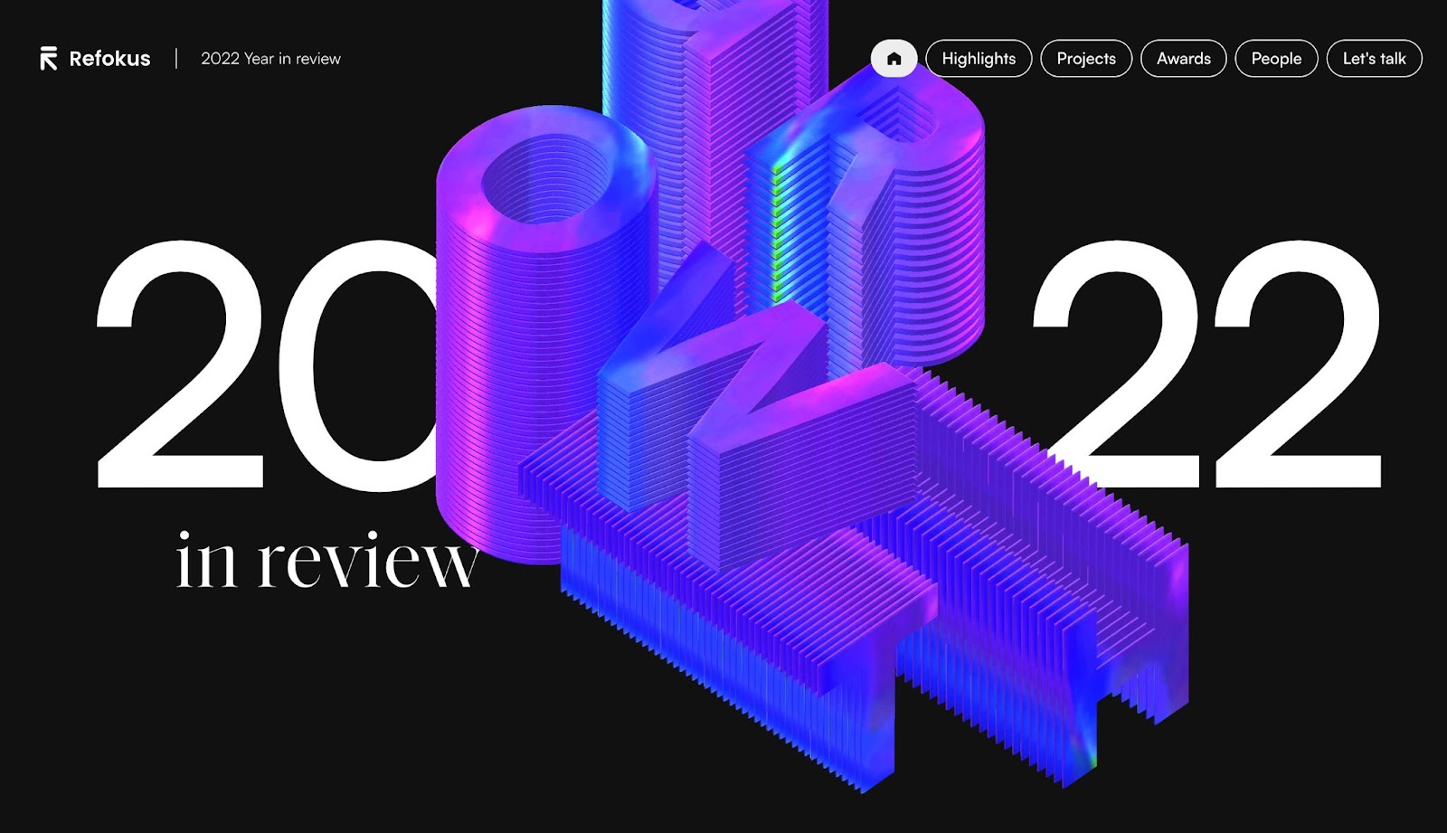 An image of Refokus' Year in Review site for 2022. It reads 2022 in review. In the foreground a purple graphic with the letters for the word Grow is overlaid on top.
