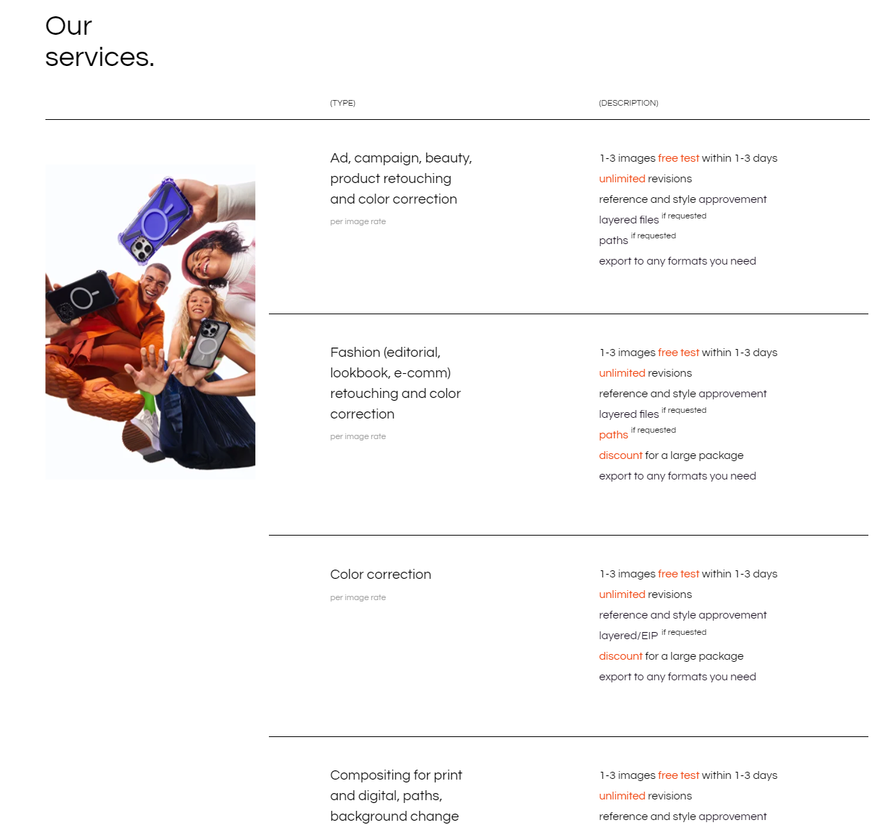 The Solis services page is a table that lists the types of services they offer and a description of each.