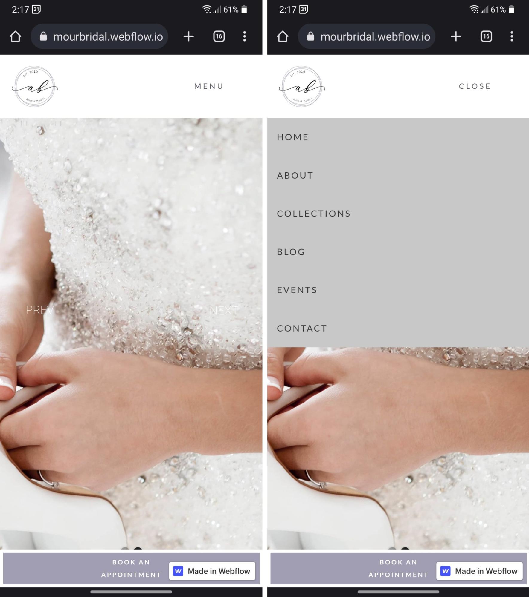 Two screenshots of the Amour Bridal mobile website, showing a closeup of the hands of a woman in a bridal gown. The right screenshot shows a dropdown menu.