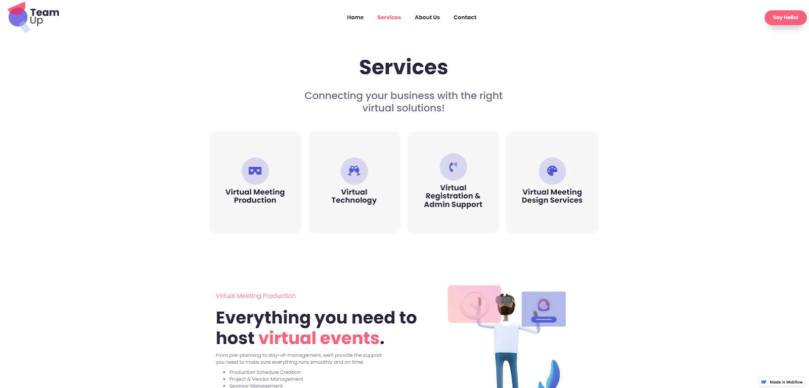 Alt text: The TeamUp services page begins with a headline that reads “Services. Connecting your business with the right virtual solutions!”